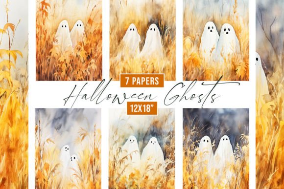 Watercolor Halloween Ghosts Backgrounds: Creative Digital Assets